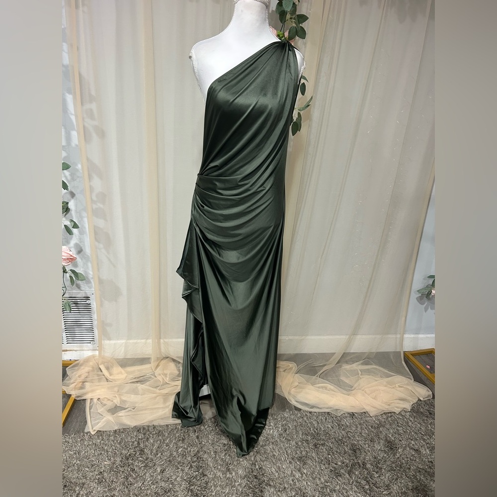 Olive Green One-Shoulder Jersey Satin Maxi Dress | XL | Elegant Open Back